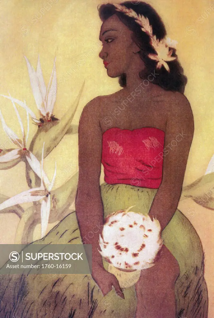c.1940 Hula dancer holds ipu in hand, bird of paradise background, John Kelly