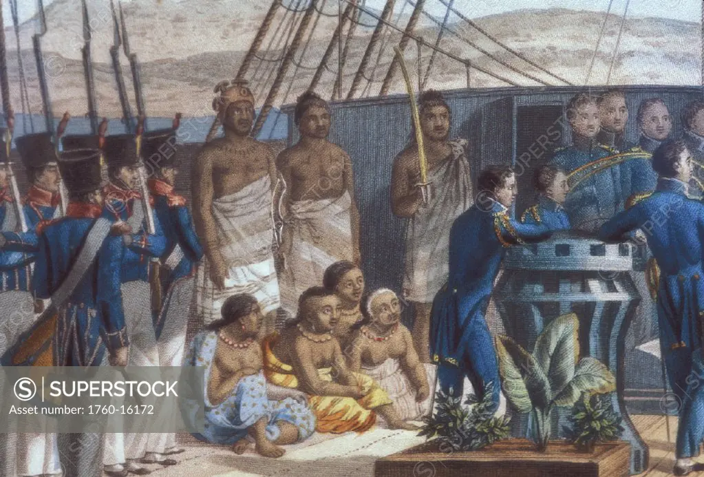 c.1819 Jacques Arago, Baptism of Kalanimoku aboard the Uranie, detail