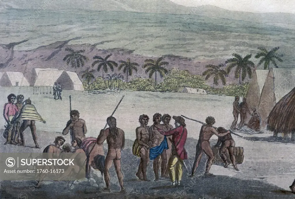 c.1778 Hawaii, Kauai, John Webber, Inland view of Atooi (Heiau) village of Waimea with native people