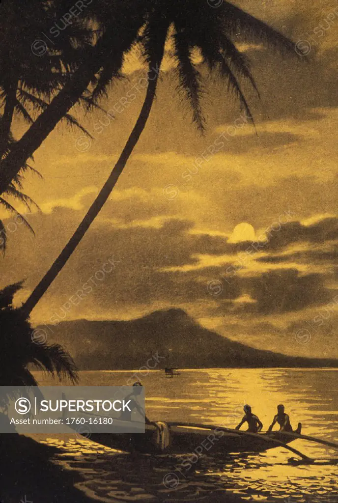 c.1912 Hawaii, Oahu, Hawaii, Illustration, Williams, Tropic Beauty, Diamond Head, canoe, men