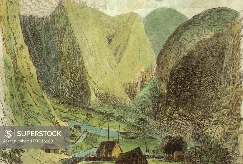 c.1826 Hawaii, Big Island, Waipio Valley, lithograph, CWM Ellis, huts, mountains