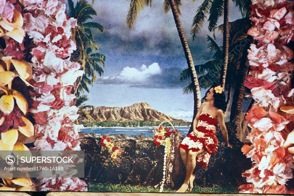 c.1957, Hawaii, postcard with woman overlooking beach and Diamond Head, leis C1519