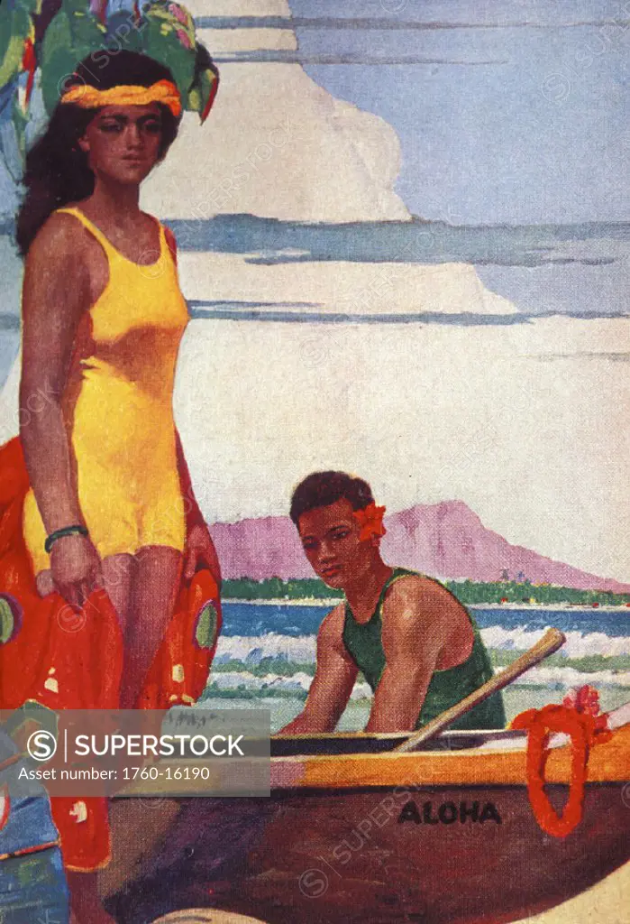 c.1927 Hawaii, Advertising art, local man and woman on beach with outrigger canoe