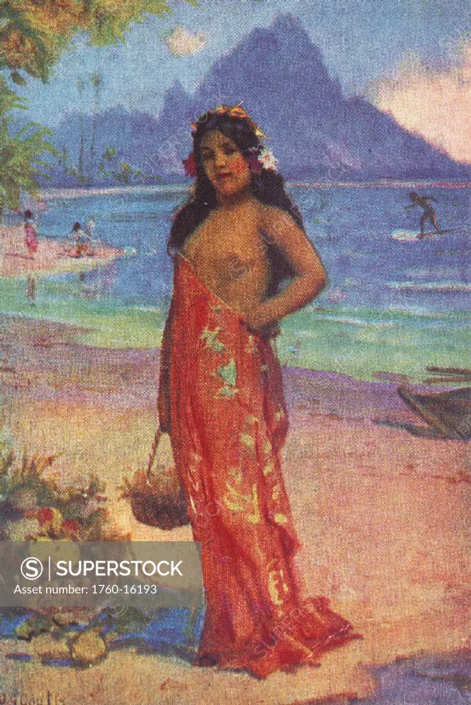c.1910 Hawaii, Postcard illustration of local woman on beach in sarong, topless