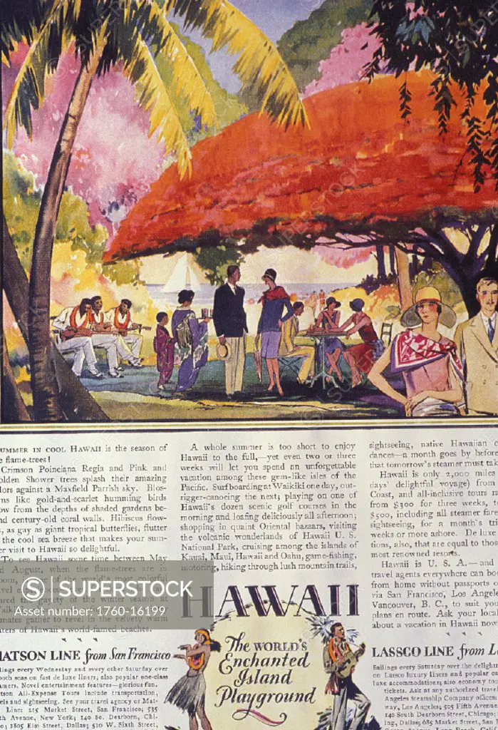 c.1925 Advertising Art for Hawaii, Tourist Bureau, tourists at party on beach