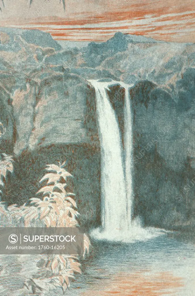 c.1926 Hawaii, Big Island, Hilo, H. B. Christian art, duotone illustration of Rainbow Falls
