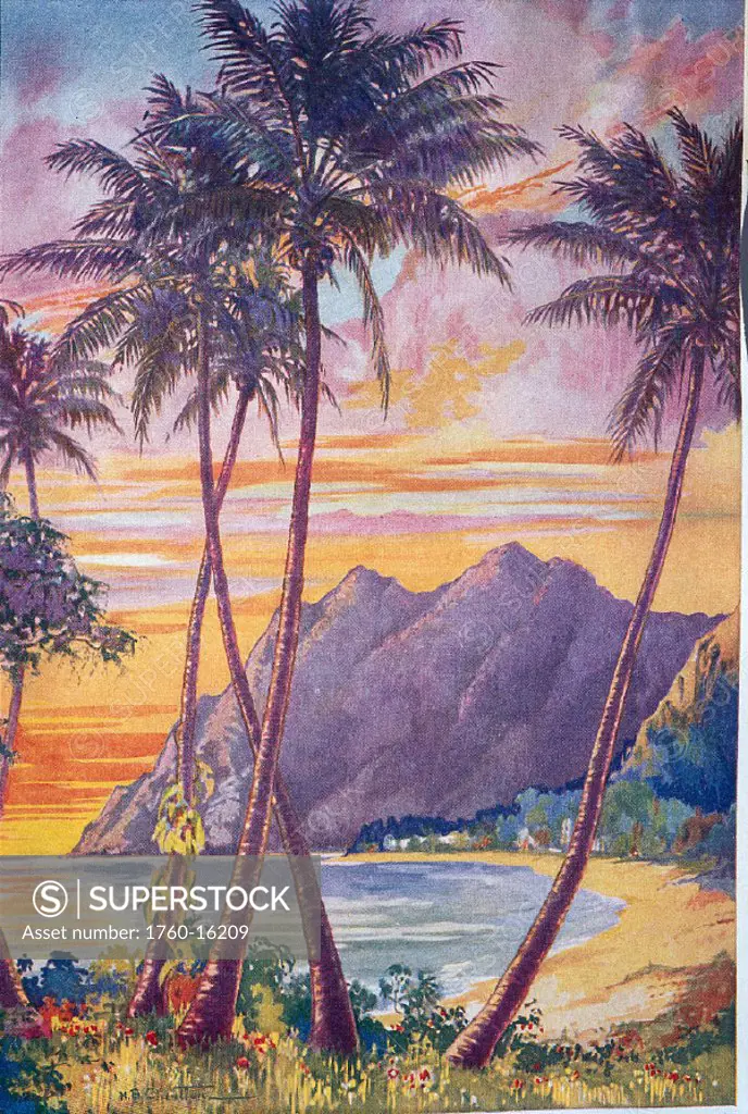 c.1928 HB Christian illustration of sunset along coastline, palms C1521 foreground