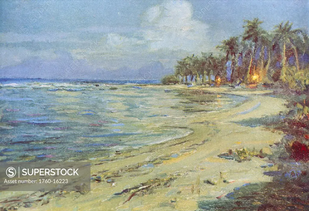c.1930, Lionel Waldon art, Hawaii tropical beach scenic w/ palm trees, campfires