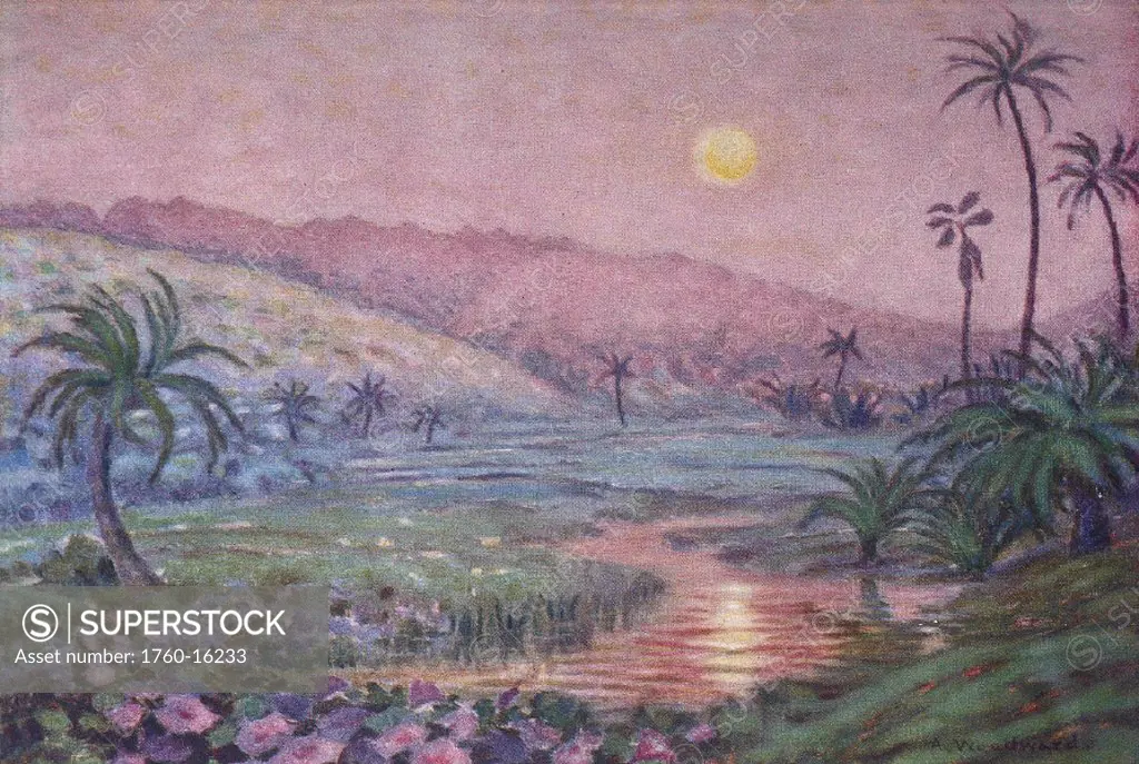 c.1929, Anna Woodward art, HI, early moonrise over lush valley at base of mountain