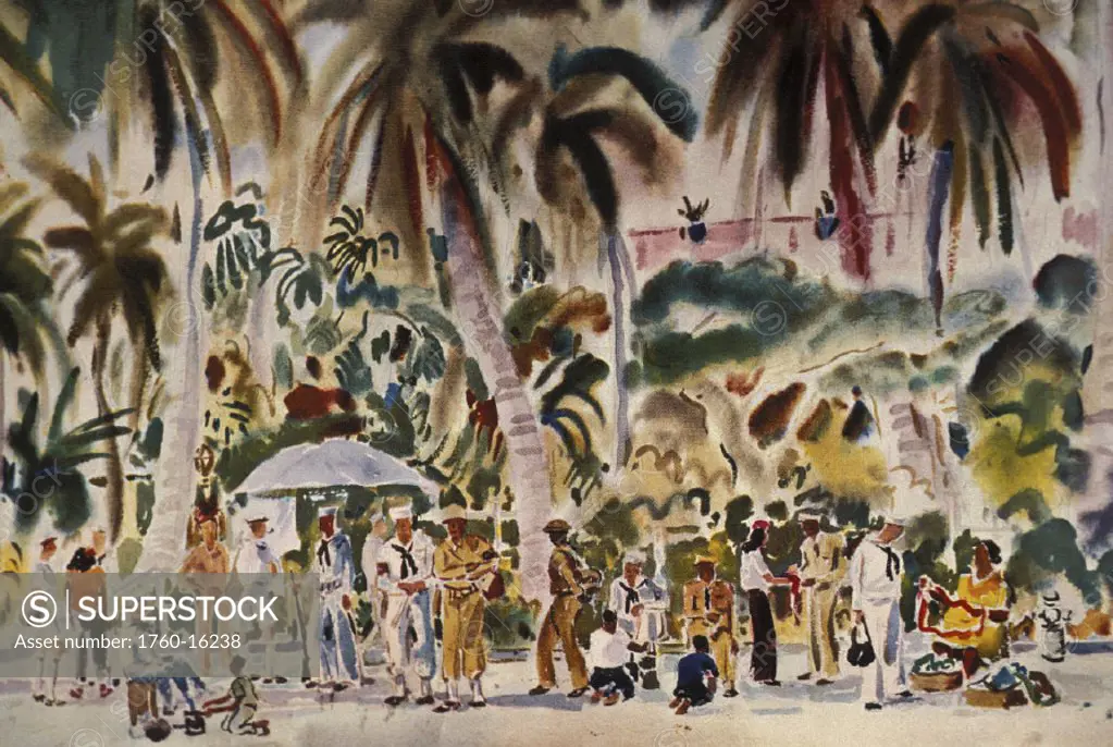 c.1943 Hawaii, Art by A. S. Macleod, sailors walking Kalakaua Avenue