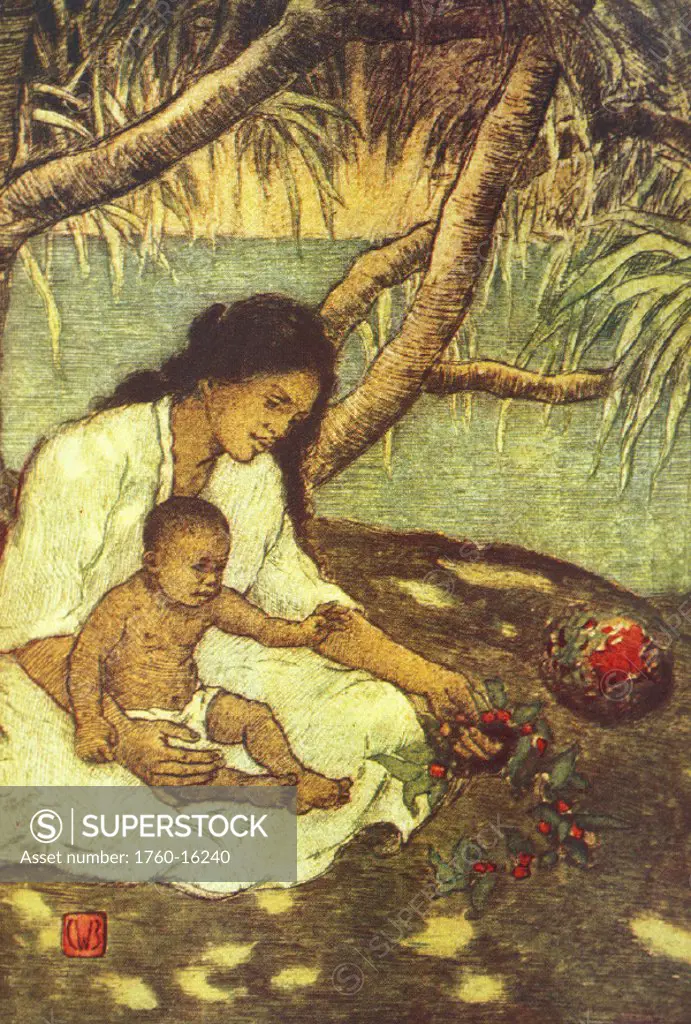 c.1935 c.W. Bartlett art, illustration of Hawaiian mother and child under tree