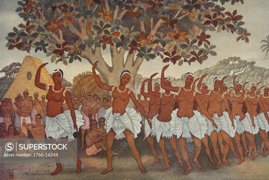 c.1936 Hawaii, Alf Hurum art, native Hawaiian women in traditional dance of 1816