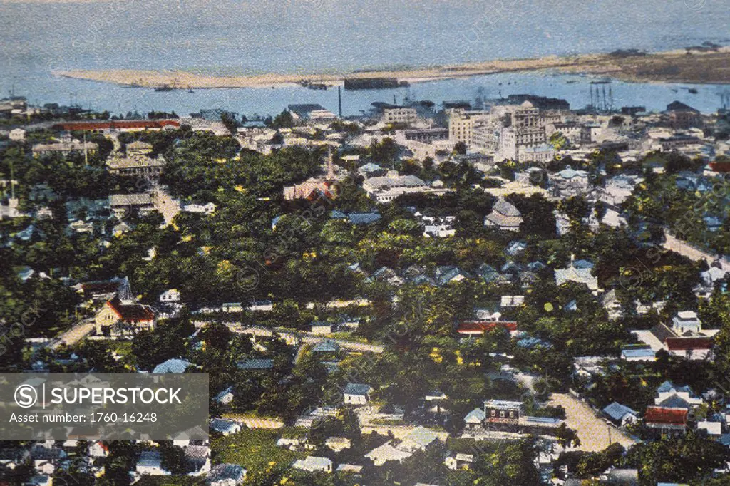 c.1900 Hawaii, Oahu, Honolulu, Postcard, painting of Honolulu, residential area with lush green trees