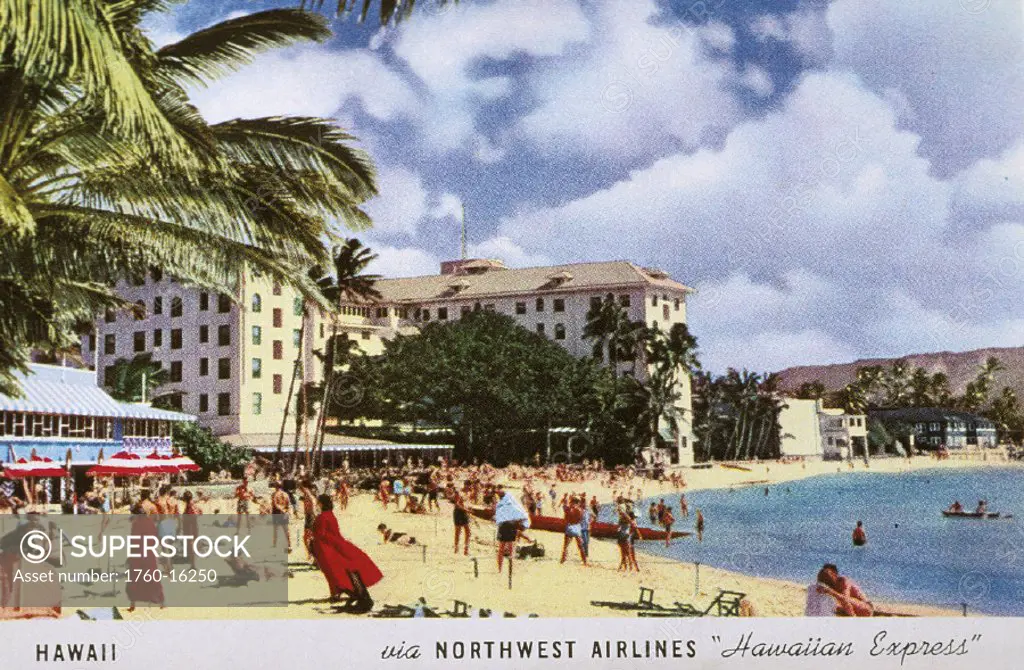 c.1960 Hawaii, Oahu, Northwest Airlines postcard, tourists enjoying Waikiki beach, Moana Hotel
