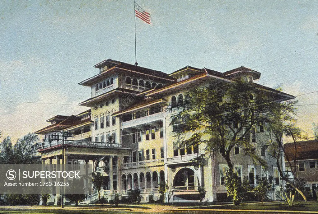 c.1901 Hawaii, Oahu, Honolulu, postcard art, front view of historic Moana Hotel in Waikiki