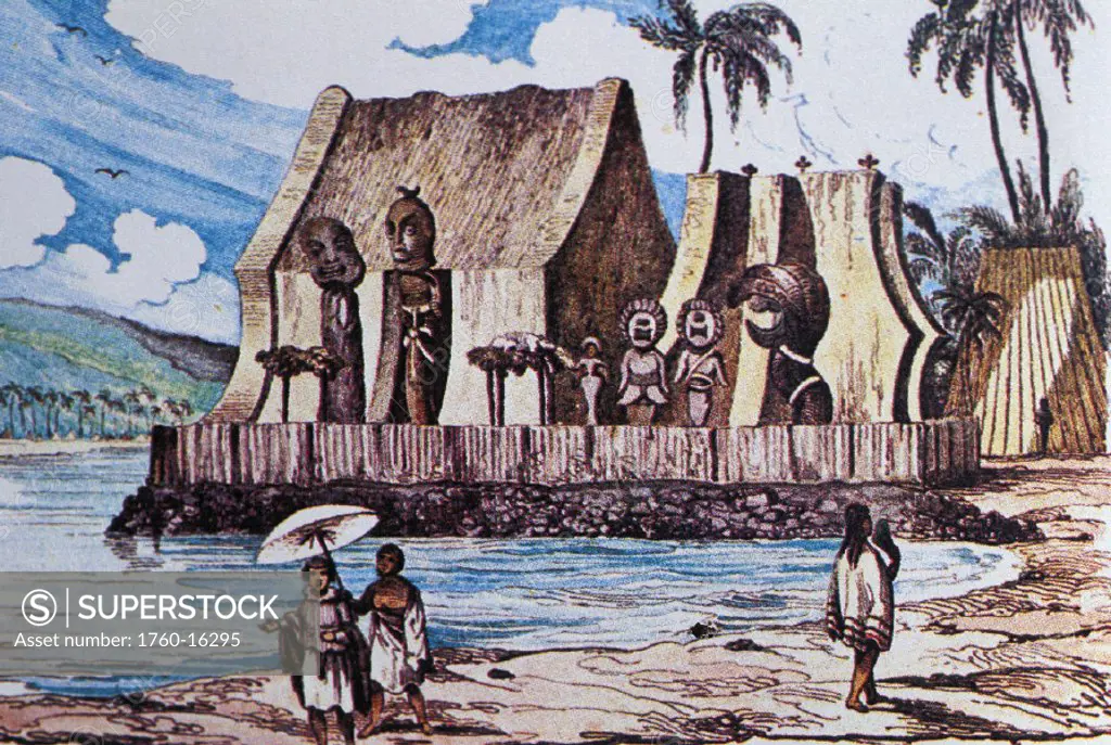 c.1816 Kailua, Kona straw huts with Hawaiian carvings of gods
