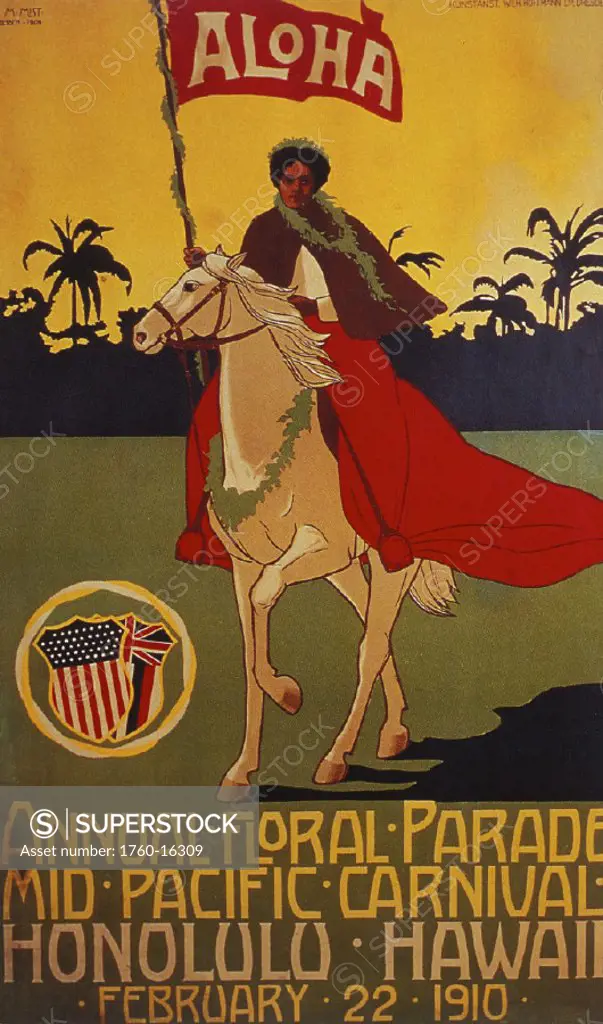 c.1915 Poster Art of Mid Pacific Carnival with Pa´u rider on horse