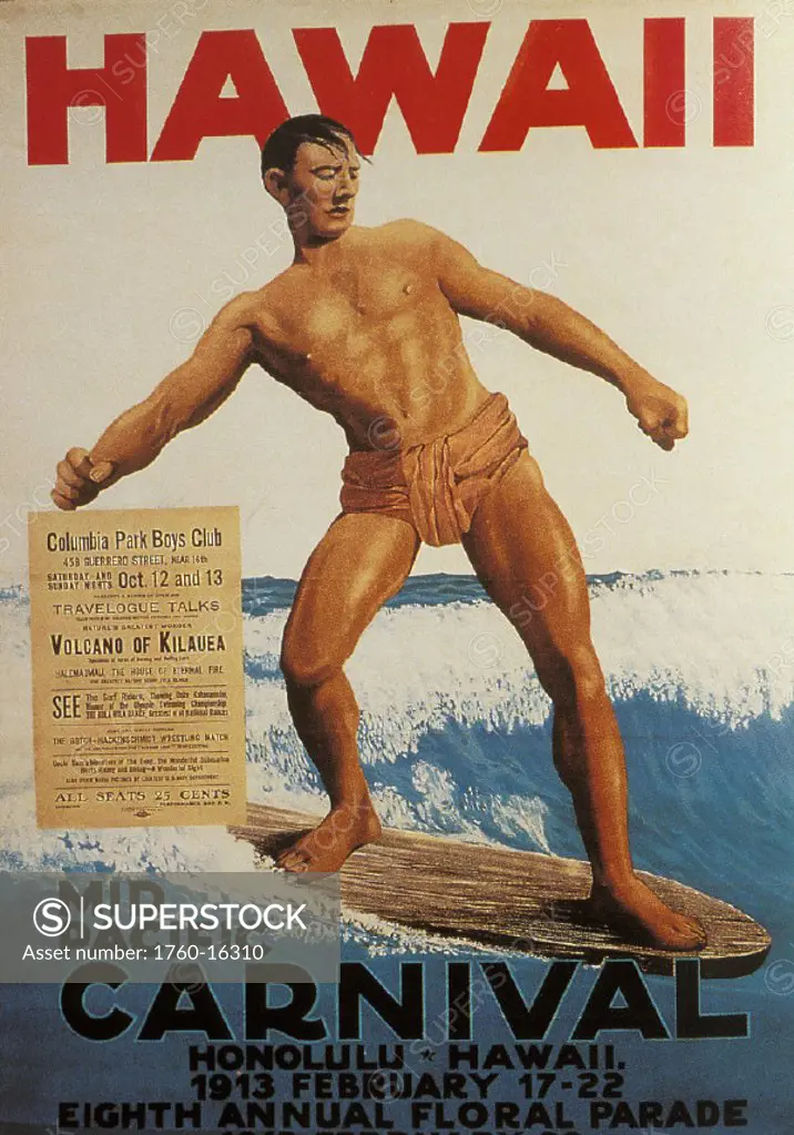 c.1915 Poster art of Mid Pacific Carnival with surfer on wave