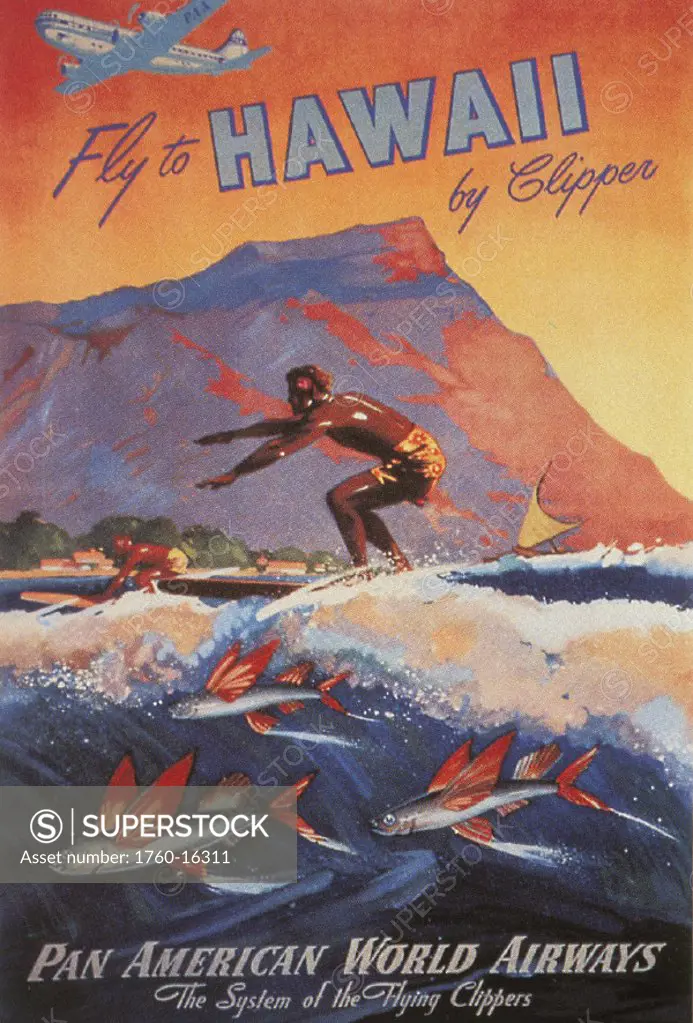 c.1915 Poster art for Pan American World Airways of surfers on wave with fish