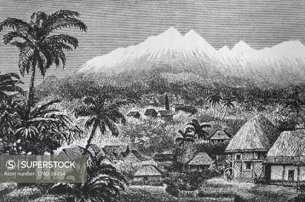 c.1826 Hawaii, Big Island, Hilo, With Mauna Kea, Reverend William Ellis, black and white