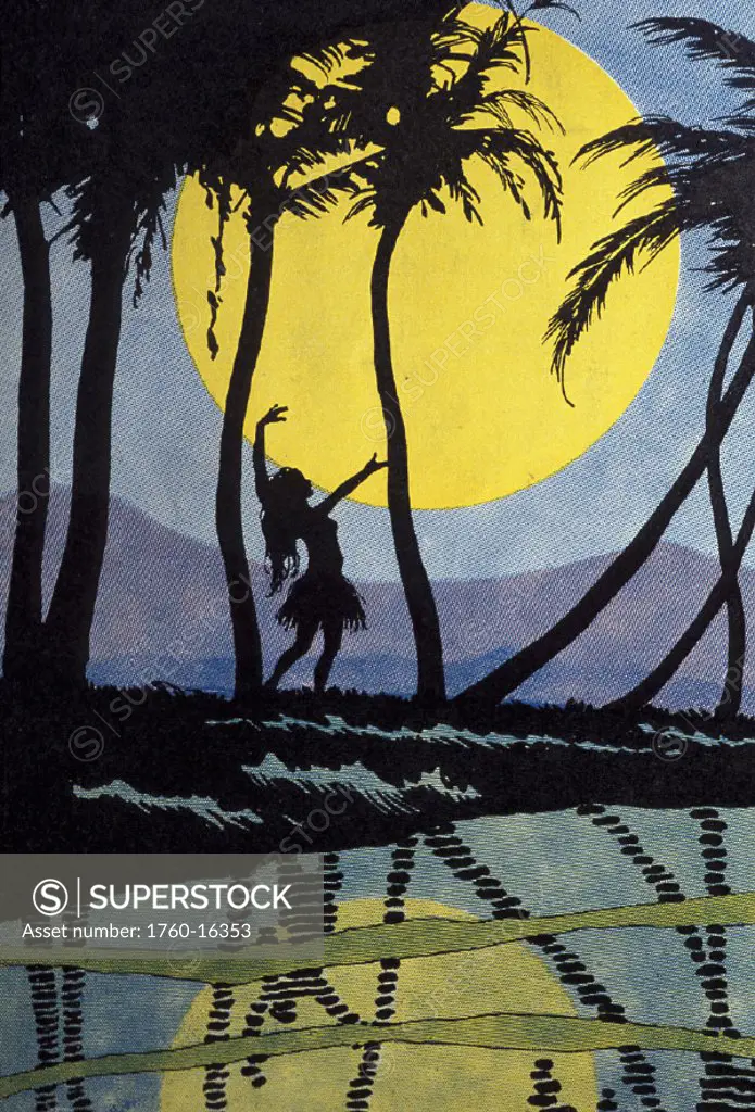 c.1925 Sheet music, illustration of silhouette of hula girl at sunset, reflections
