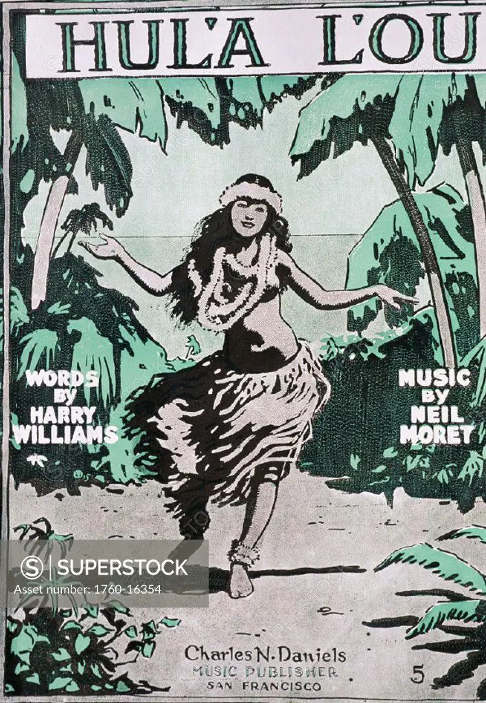 C.1915, Sheet music of Hula Lou, drawing of female walking in hula outfit, arms outstreched to the side
