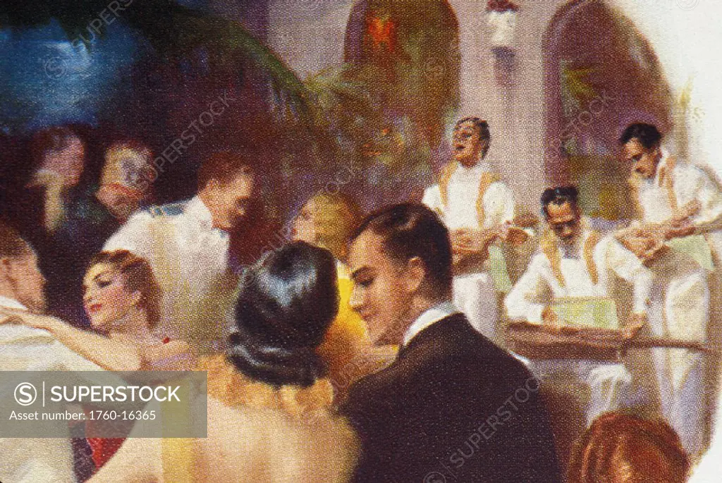 c.1935 Couples dressed in formal attire on cruise ship ballroom with band playing background, postcard