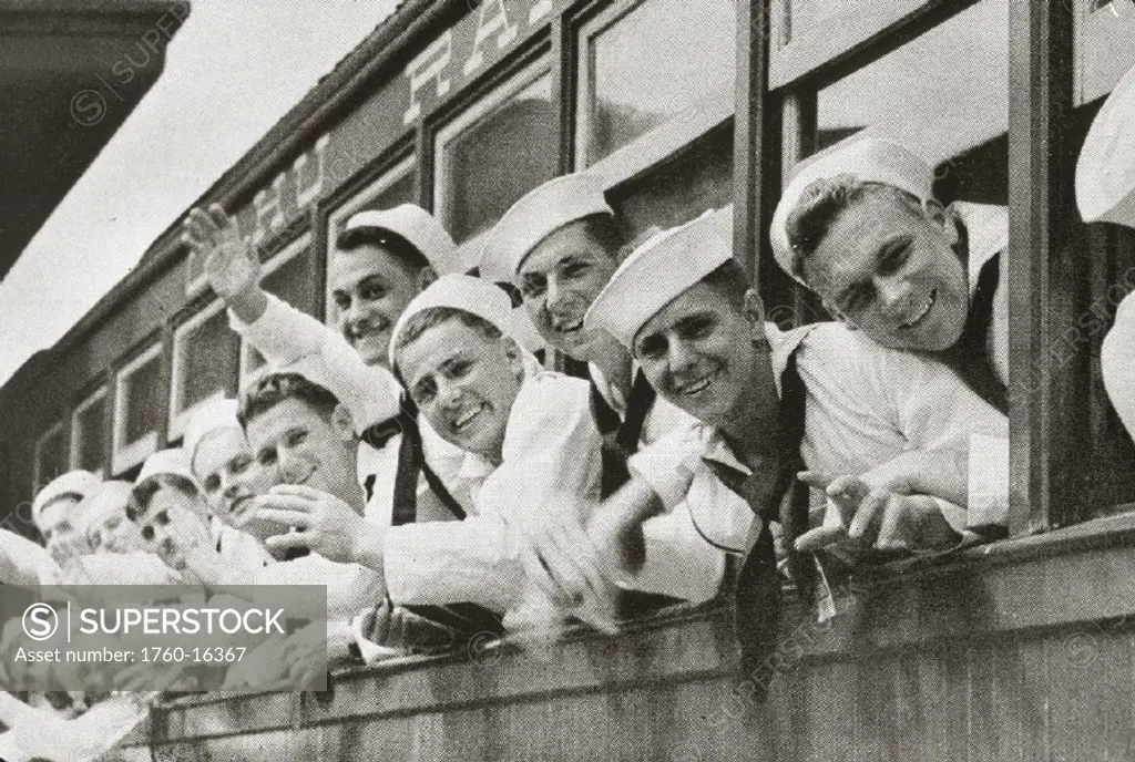 c.1943 Hawaii, Oahu, Black and white of soldiers in uniform waving out of train window