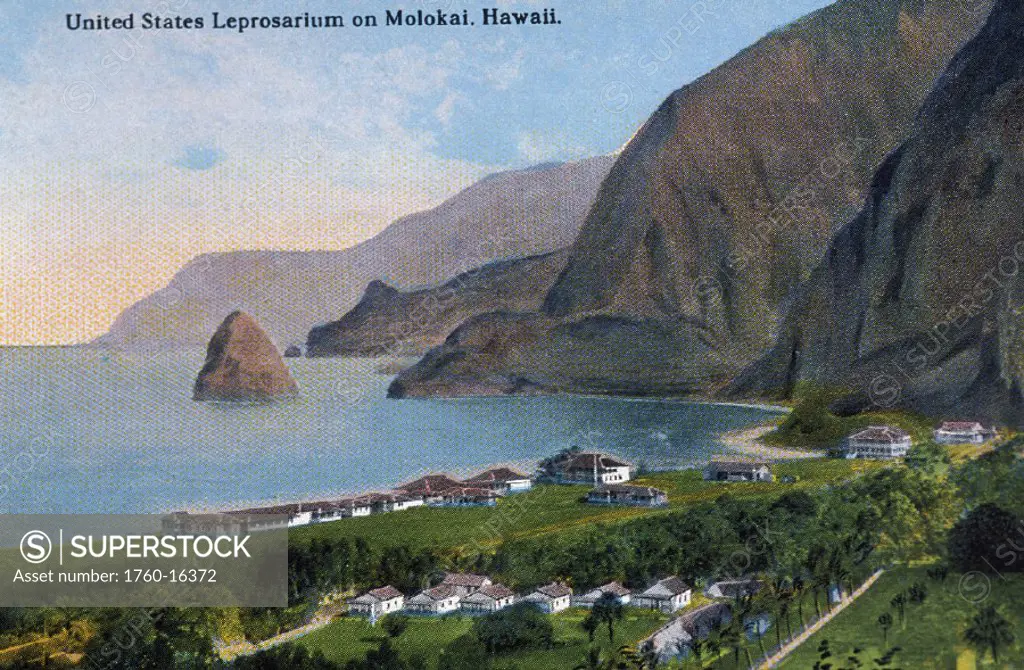 c.1910 Hawaii, Kalawao, U. S. leprosy colony postcard overview near coast, mountain Kalaupapa