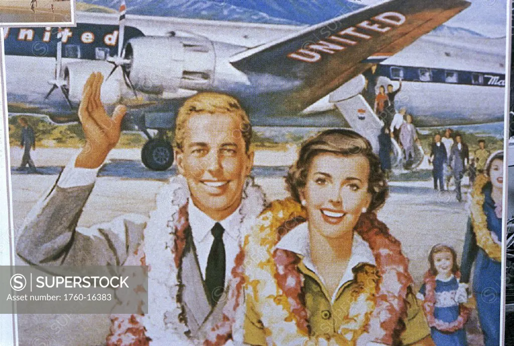 c.1950 Hawaii tourist couple waving United Airlines plane bkgd artwork D1480