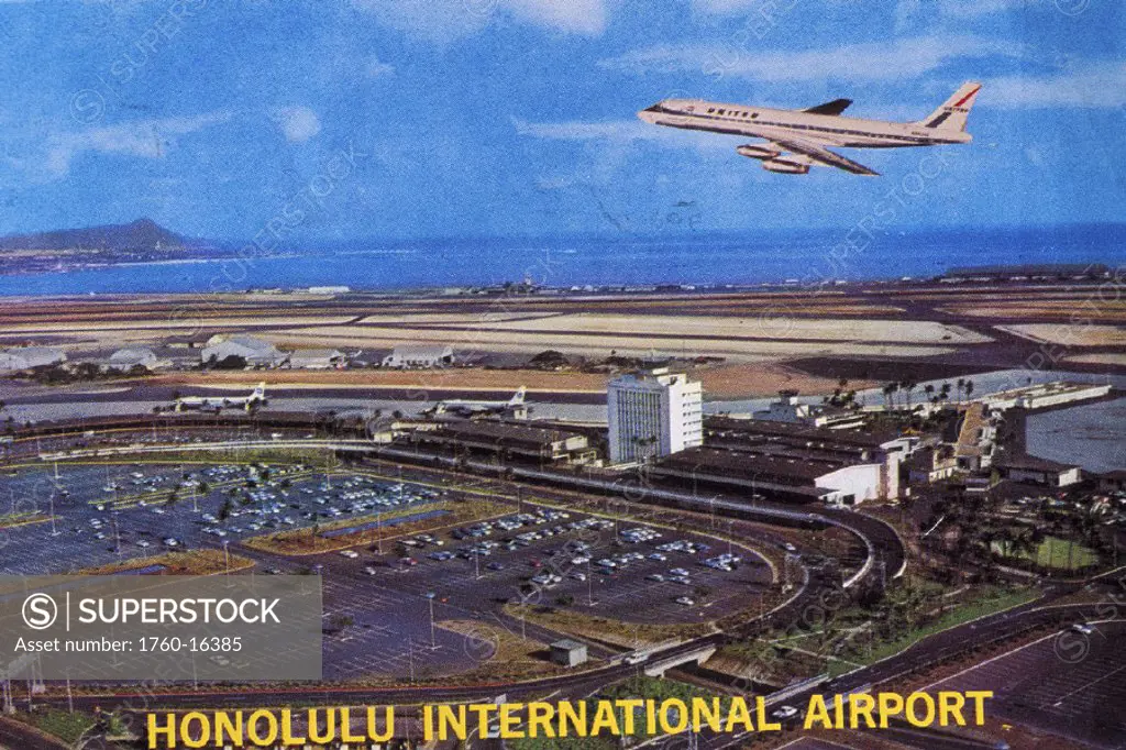 c.1965 Hawaii, Oahu, Honolulu, International Airport, United Mainliner in flight, color postcard