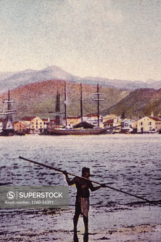 c. 1900, Hawaii, Oahu, Honolulu, Postcard, Man fishing with spear.