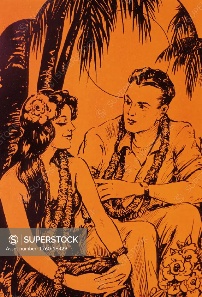 c.1920, Sheet music, black and orange, Hawaiian girl sitting with American man.