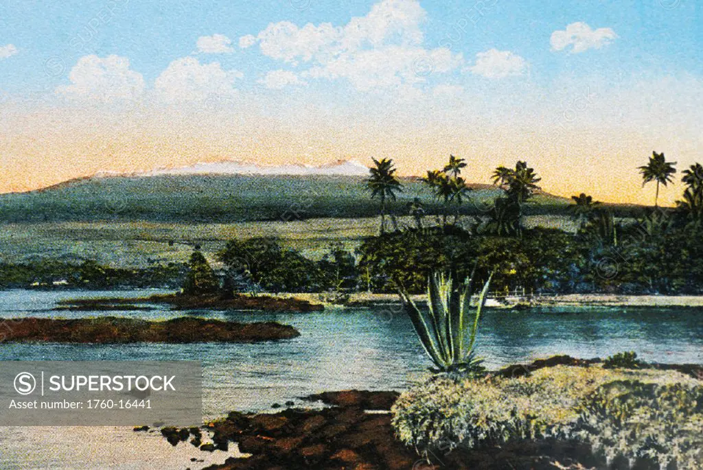 c.1900 Postcard, Hawaii, Big Island, Hilo Bay, peaceful landscape, Mauna Kea in distance.