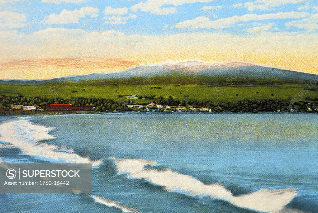 c.1900 Postcard, Hawaii, Big Island, Hilo Bay, small waves rolling into the shore.