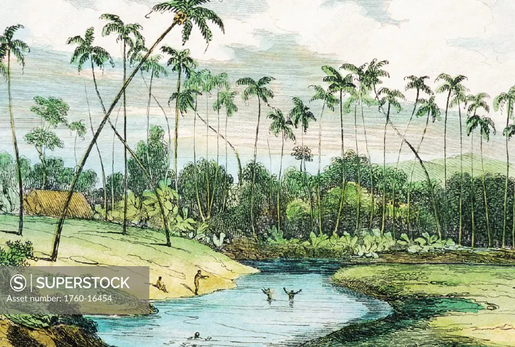c.1847 Art/Book Illustration, Hawaii, Big Island, Hilo, Waiakea, Rio Via Kea, Reverend Hiram Bingham.