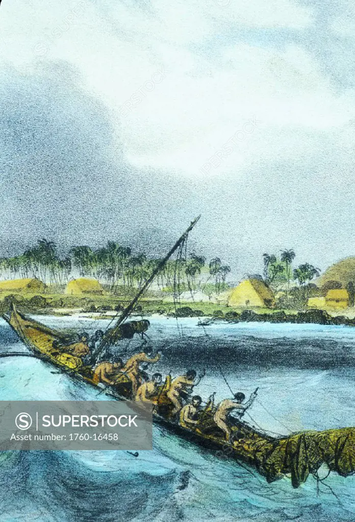 c.1836 Art/Book Illustration, Hawaii, Big Island, Kealakekua, Hawaiian natives paddling a boat past village.