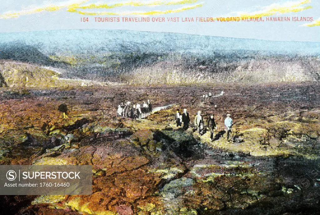 c.1905 Postcard, Hawaii, Big Island, Kilauea, Tourists travelling across vast lava fields.