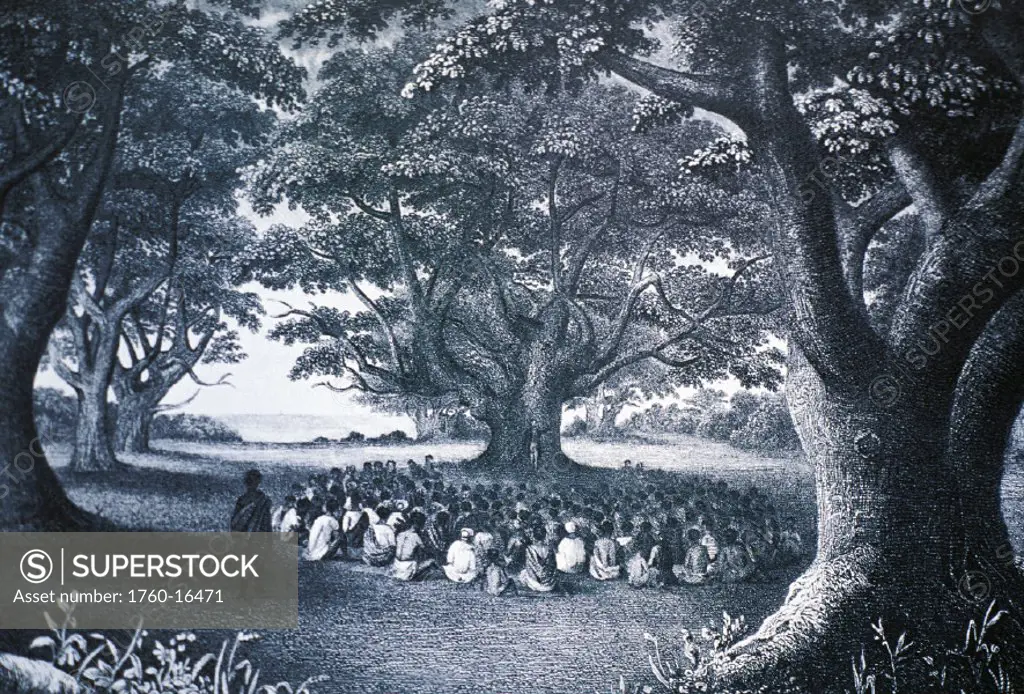 c.1840 Art/Illustration, Hawaii, Kauai, William Alexander preaching beneath a kukui tree