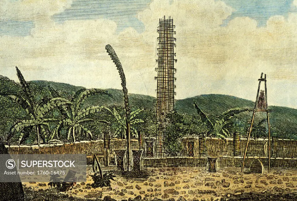 c.1784 Art/Colored Engraving, Hawaii, Kauai, A Morai or Oracle Tower on Atooi, John Webber