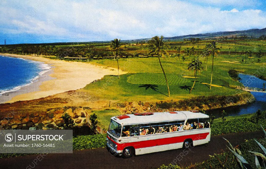 c.1965 Postcard, Hawaii, Maui, bus driving down coastal road past Kaanapali Beach.