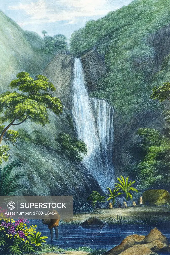 c.1840 Art/Book Illustration, Hawaii, Kauai, Hanapepe Falls, Natives in foreground.