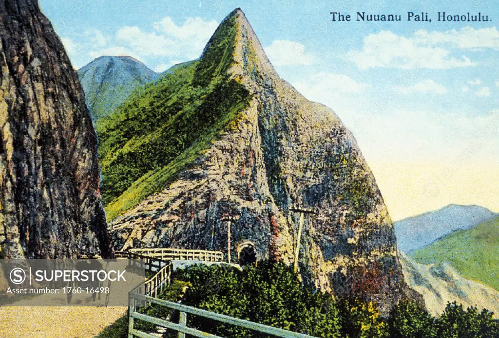 c.1905 Postcard, Hawaii, Oahu, Pali Lookout, horse drawn wagon descending.