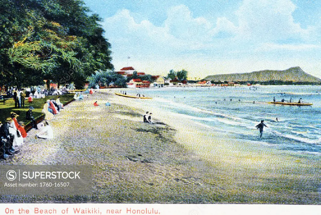 c.1910 Postcard, Hawaii, Oahu, Waikiki, Tourists at beach.