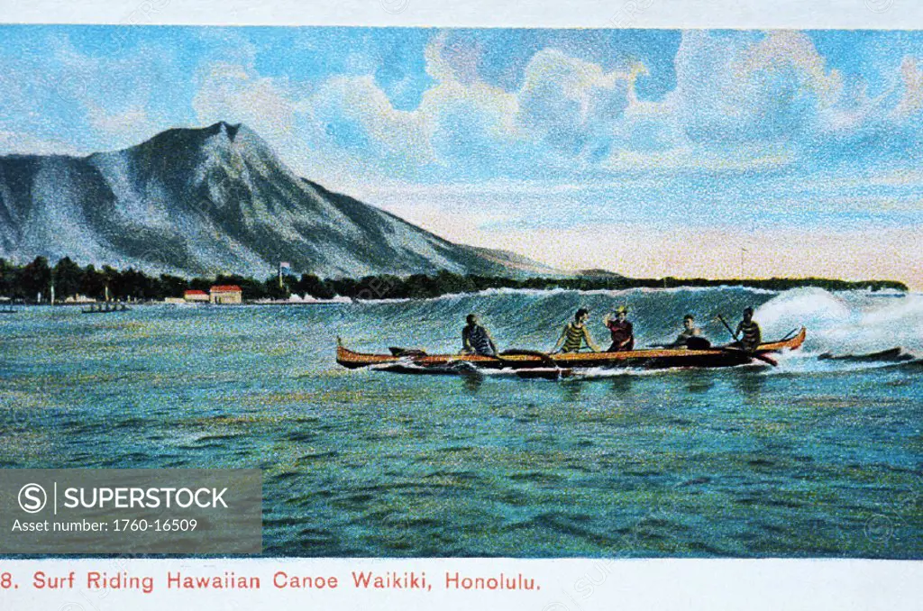 c.1910 Postcard, Hawaii, Oahu, Waikiki, Surfriding in a Hawaiian outrigger canoe, Diamond Head in background