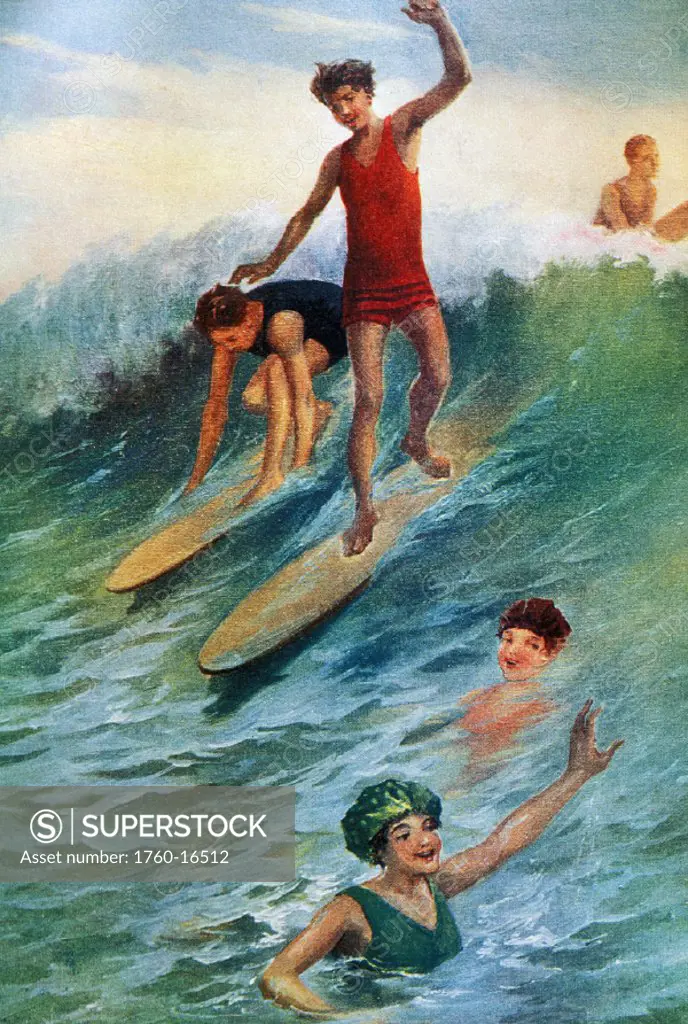c.1926 Art/Illustration, Hawaii, Surfers riding wave and kids playing in the ocean, Peter Rennings.