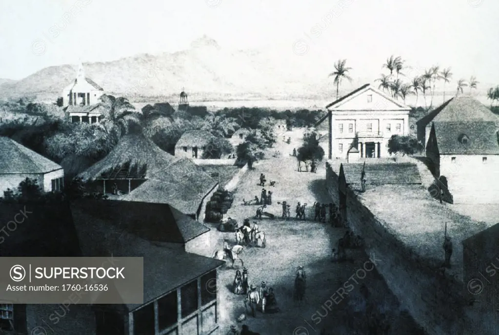 c.1856 Photograph, Hawaii, Oahu, Honolulu, Queen Street, Diamond Head in distance.