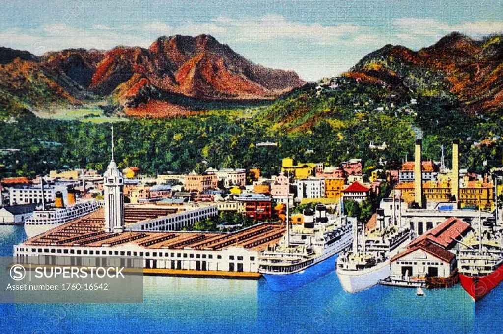 c.1930 Postcard, Hawaii, Oahu, Honolulu, View of Aloha Tower from above