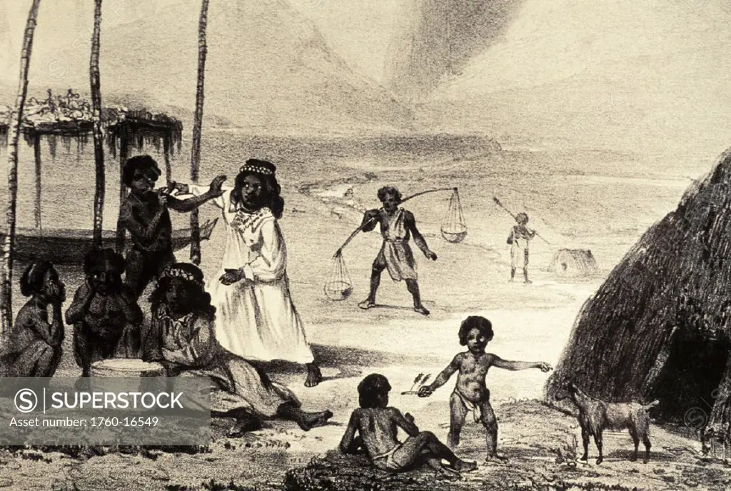 c.1838 Art/Book Illustration, Hawaii, Oahu, Honolulu, Native Hawaiians in traditional village