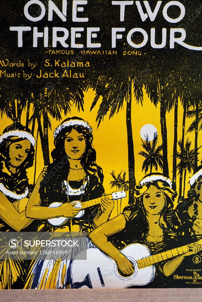 c.1930 Sheet Music, Hawaiian hula girls playing ukulele, One Two Three Four.